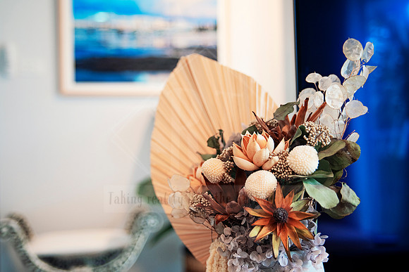 Floral arrangement with native Australian dried flowers styled in a modern interior.