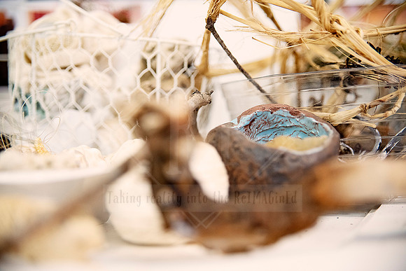 Close-up of ceramic and coastal textures in neutral tones, from a styled art installation by Yvonne Kiely.