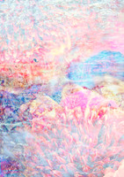 Dreamlike mixed-media artwork featuring layered pastel hues, translucent textures, and gentle swirling shapes in pink, blue, and gold.