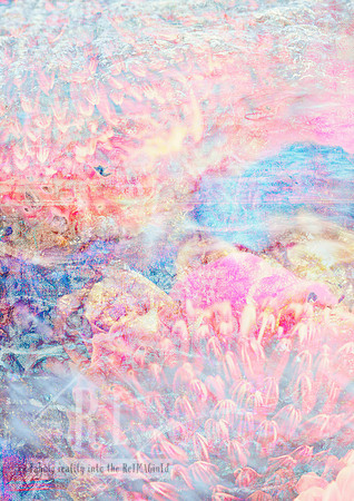 Dreamlike mixed-media artwork featuring layered pastel hues, translucent textures, and gentle swirling shapes in pink, blue, and gold.