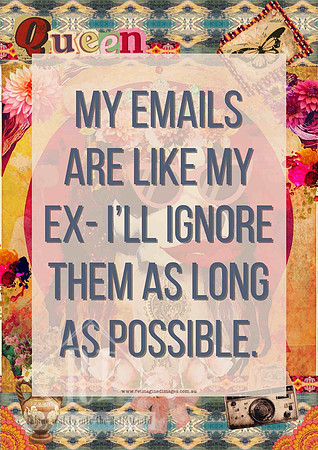 Funny colourful office poster featuring a surreal collage portrait with the quote "My emails are like my ex – I'll ignore them as long as possible" designed for home offices and business owners.