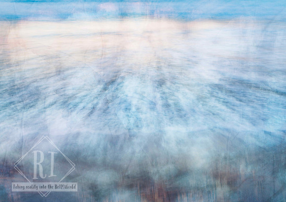 Abstract blue and white photomedia artwork featuring layered ocean-like textures, soft motion blur, and ethereal atmospheric forms suggesting movement through water, creating a sense of calm, resilien