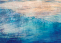 Abstract blue and blush-toned photomedia artwork featuring flowing motion and layered textures that evoke ocean waves, movement, resilience, and emotional healing. Part of the Undaunted Series by Cher
