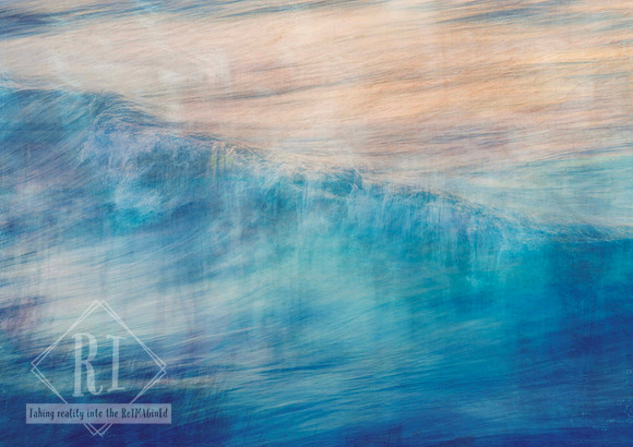 Abstract blue and blush-toned photomedia artwork featuring flowing motion and layered textures that evoke ocean waves, movement, resilience, and emotional healing. Part of the Undaunted Series by Cher