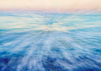Abstract ocean-inspired photomedia artwork featuring soft blue and white motion blur radiating across the water toward a pale peach horizon. The image evokes movement, freedom, calm energy, and expans