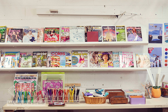Paper shelves and supplies ready for collage workshops in Port Macquarie.