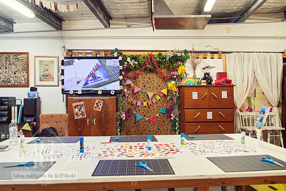 Creative workspace ready for a collage art workshop in Port Macquarie.