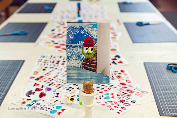 Workshop table set up with collage materials and refreshments.