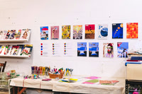 Paper shelves and creative displays inside The Papery.
