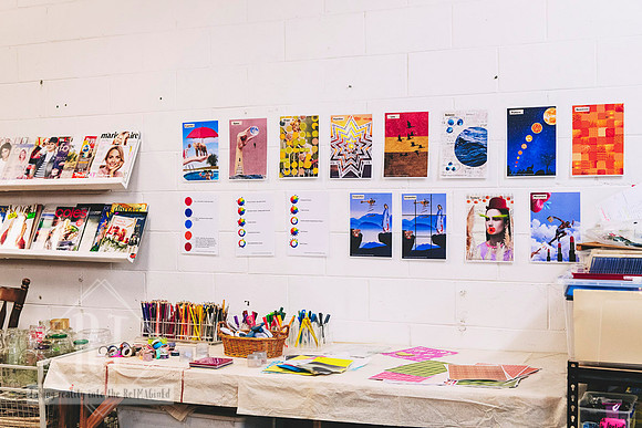 Paper shelves and creative displays inside The Papery.
