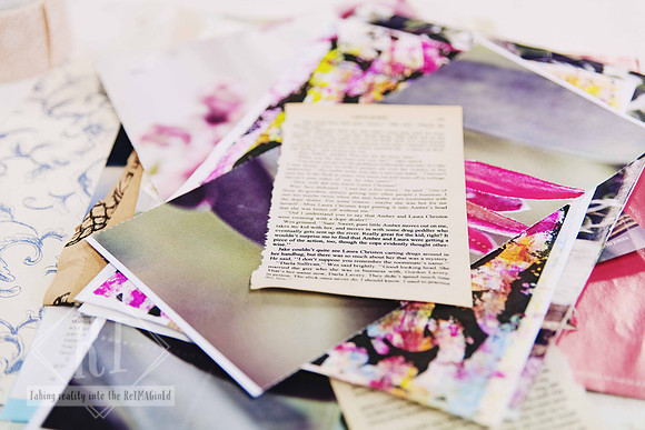 Decorative papers and book pages used in a beginner journal binding class.
