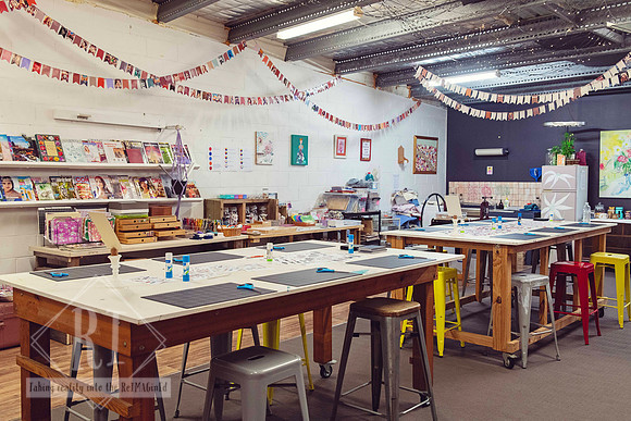 Workshop tables prepared inside The Papery studio.