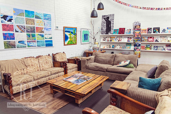 Comfortable seating area inside The Papery creative studio.