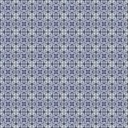 Seamless geometric surface pattern featuring intricate repeating symmetrical forms in soft blue, slate blue and ivory with fine textured detailing.