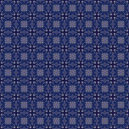 Seamless geometric surface pattern featuring repeating symmetrical motifs in deep navy, indigo and soft silver with a richly textured appearance.
