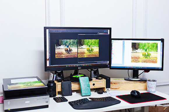 Photo Restoration set up, the original, w.i.p and the first scan can all be seen at once.
