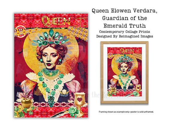 Queen Elowen Verdara, Guardian of the Emerald Truth - Contemporary Collage Art Prints For Sale