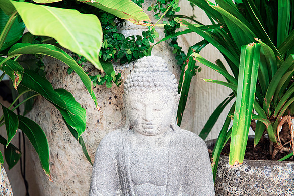 Outdoor stone Buddha statue surrounded by lush tropical greenery.