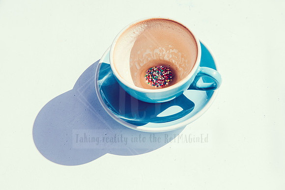 Overhead shot of coffee in turquoise cup casting long shadow, styled for Bron Watson & Co content.