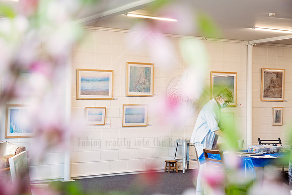 Framed artworks on a gallery wall, partially obscured by soft florals in foreground at Yvonne Kiely Art.