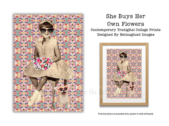 She Buys Her Own Flowers - Contemporary Tradigital Collage Prints for sale, Designed By Reimagined Images