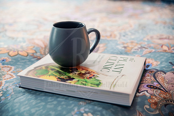 Dark ceramic coffee mug resting on a hardcover book titled ‘Plant Love’ on patterned fabric.